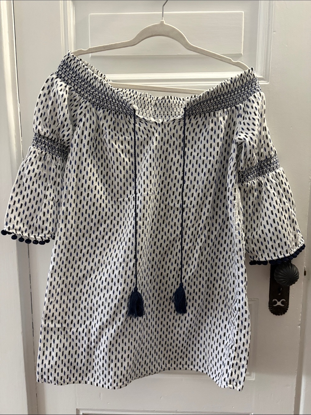 Tommy Bahama White and Navy Off-Shoulder Swim Coverup with Tassels